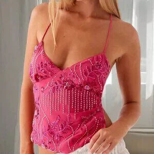 Hot Pink Party Women's Sequin Sparkly Floral Spaghetti Strap Cami Tank Top